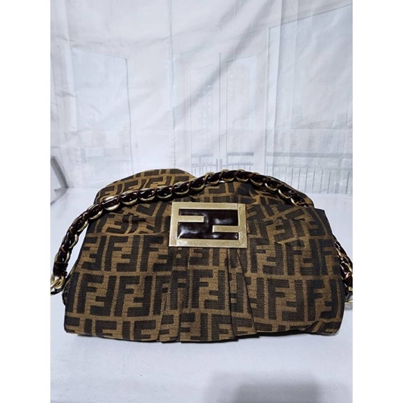 Authentic Fendi Tobacco Zucca Canvas Mia Flap Shoulder Bag Brown - Picture 4 of 16
